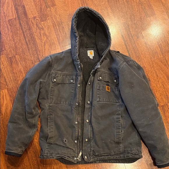 Vintage Distressed Carhartt Men's Dark Gray Hooded Jacket - Picture 3 of 6